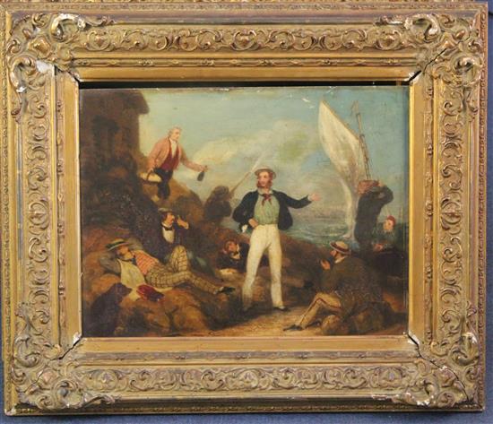 Victorian School Sailor entertaining gentleman and ladies beside the sea, 11.5 x 16in.